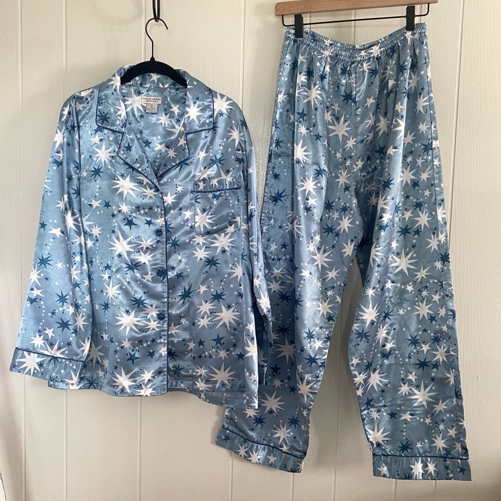 Linda Hartman Intimates Silk Blend Pajama Set Blue Stars Size Large - Picture 14 of 14